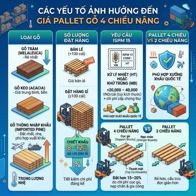 C&aacute;c yếu tố ảnh hưởng đến gi&aacute; của pallet gỗ 4 hướng n&acirc;ng
